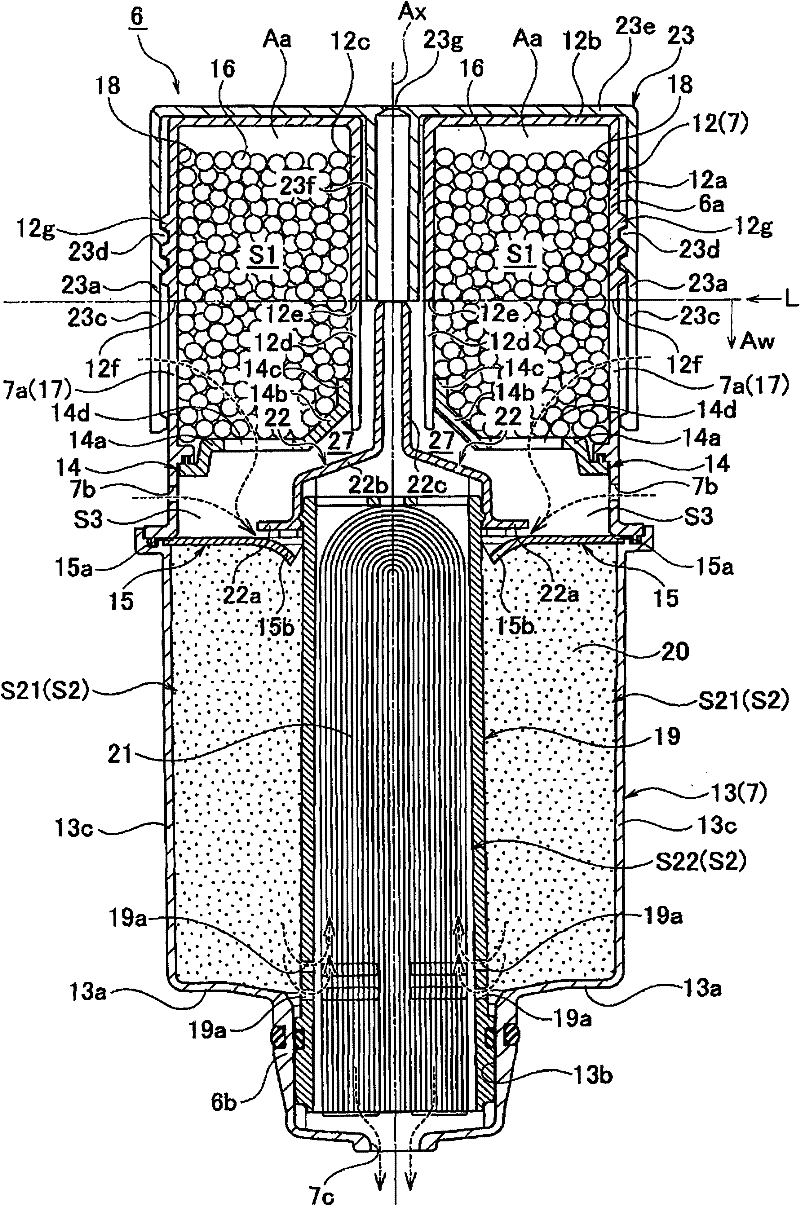 Water-purifying filter element and water purifier