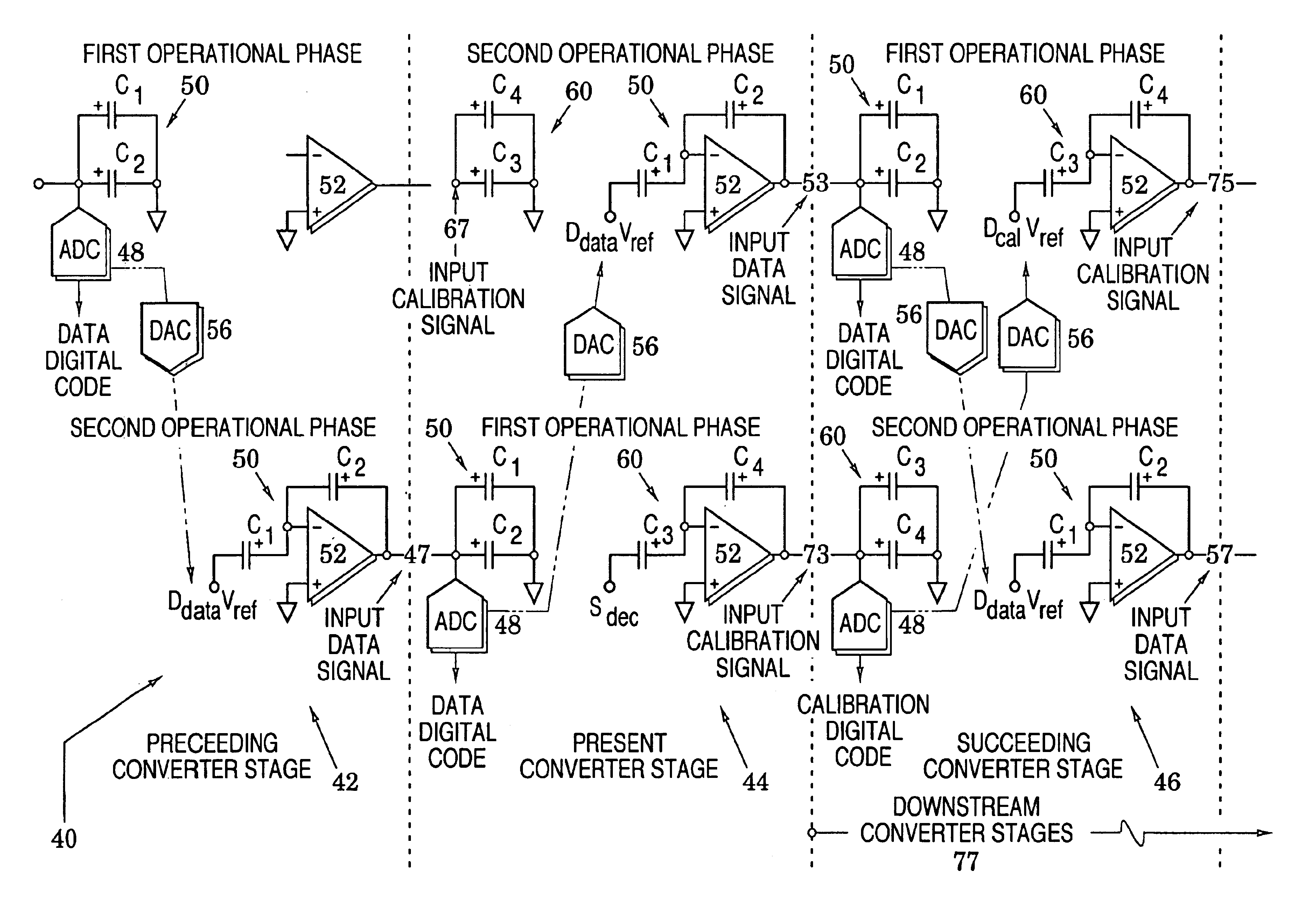 Analog-to-digital converter methods and structures for interleavably processing data signals and calibration signals