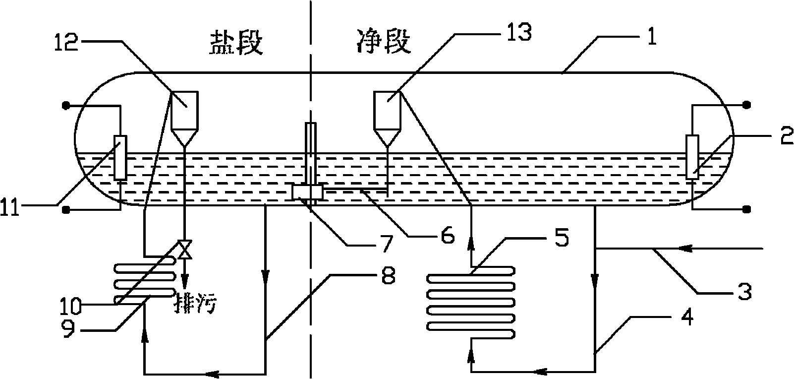 Natural circulating steam injection boiler fed with high salt-containing softened water and water circulating method