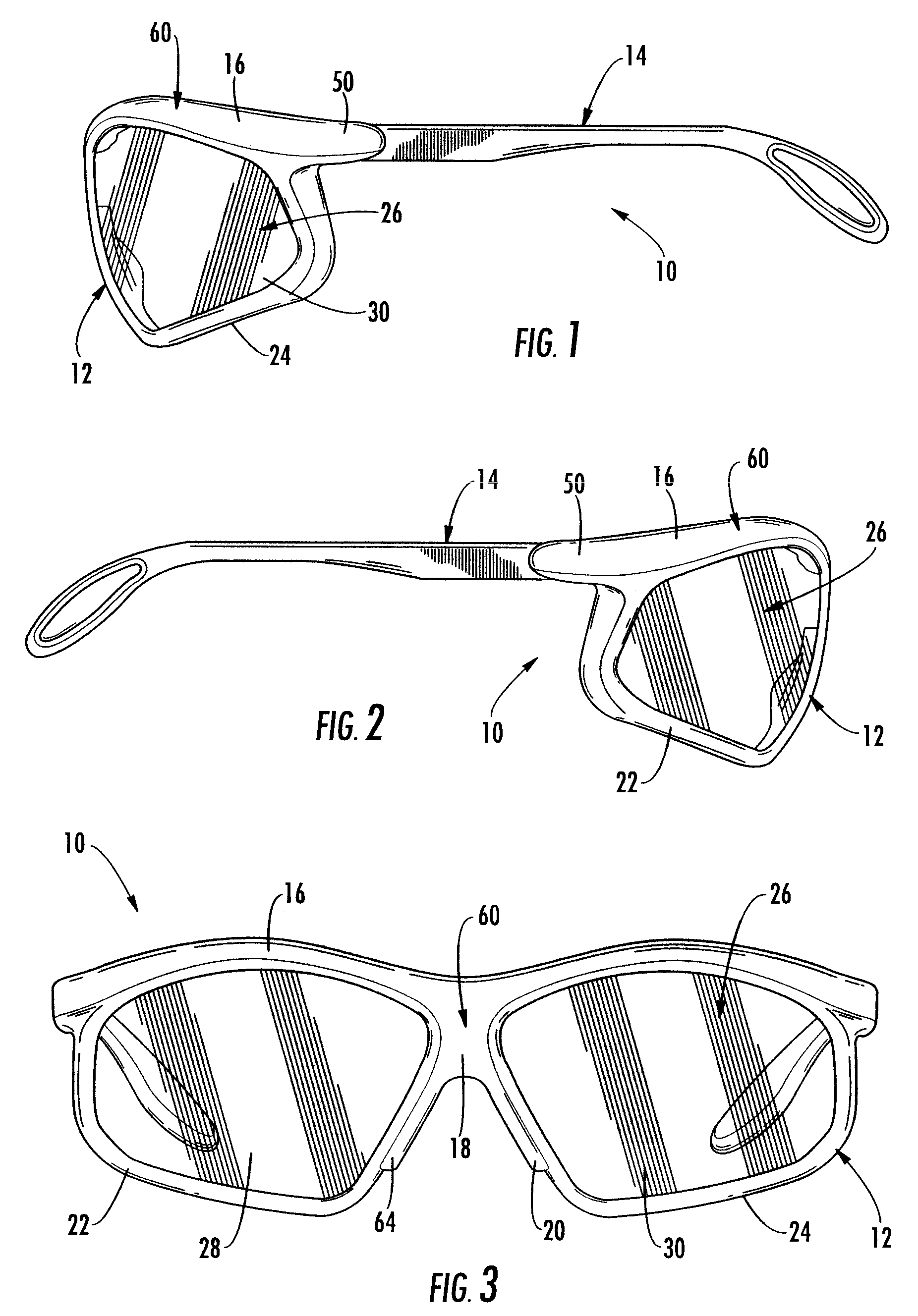 Safety eyewear with snap-in replaceable lens and over-molded bumpers and decorative trim