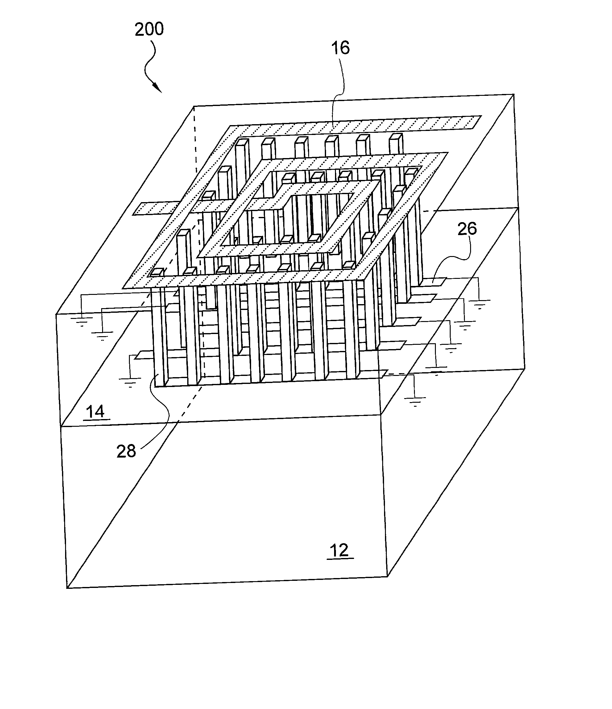 Spiral inductor semiconducting device with grounding strips and conducting vias