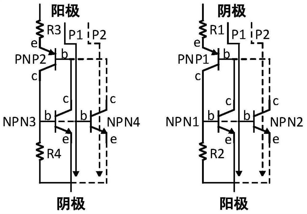 A segmented asymmetric thyristor electrostatic discharge device with embedded p+ implantation zone