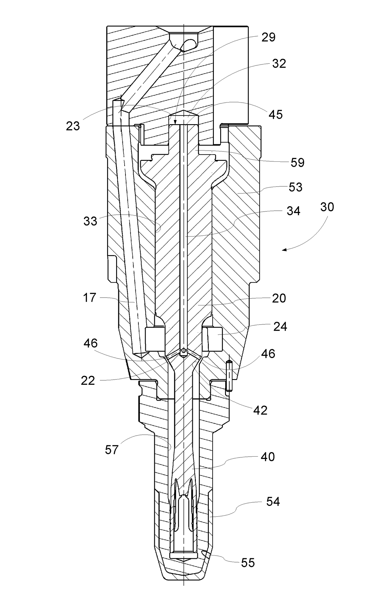 A fuel valve for a large two-stroke self-igniting internal combustion engine