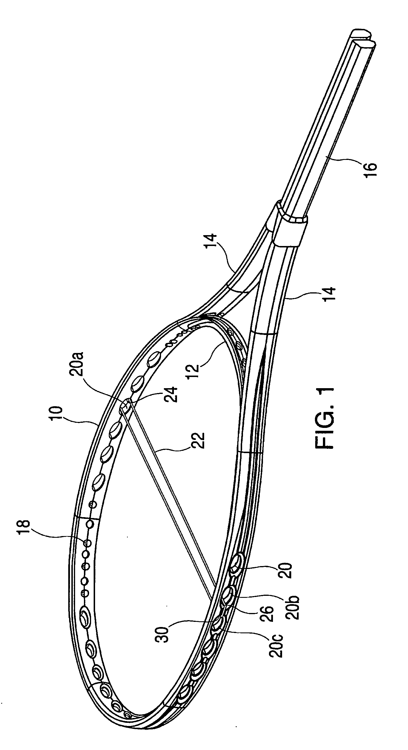 Sports racquet with string port holes