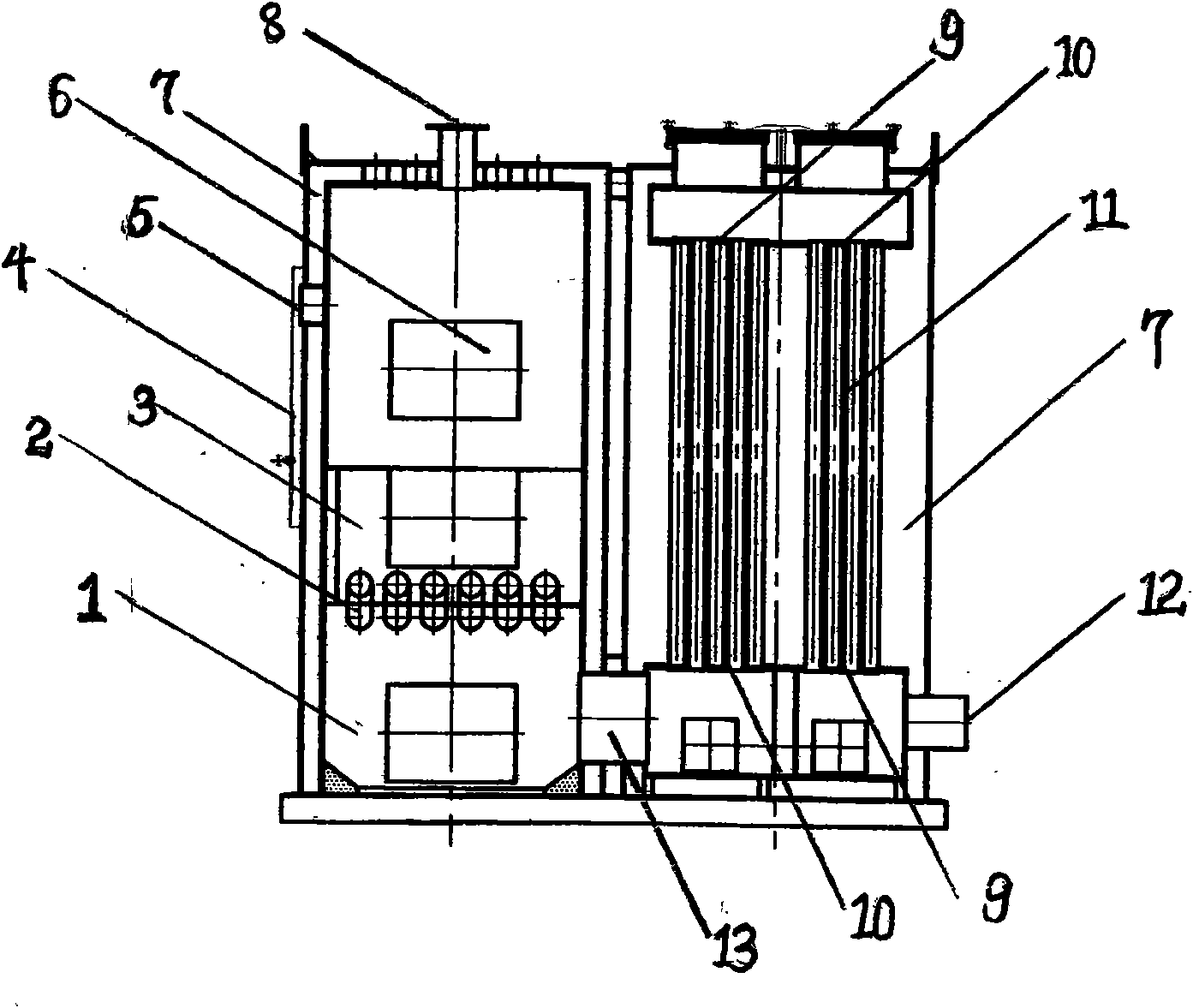 Reverse combustion multi-pass biomass low-carbon energy-saving hot water boiler