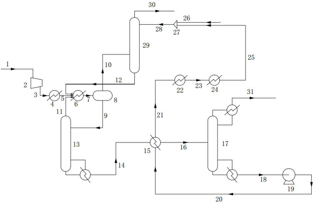 Three-tower device and method for recycling ethylene and ethane from dry gas through oil absorption