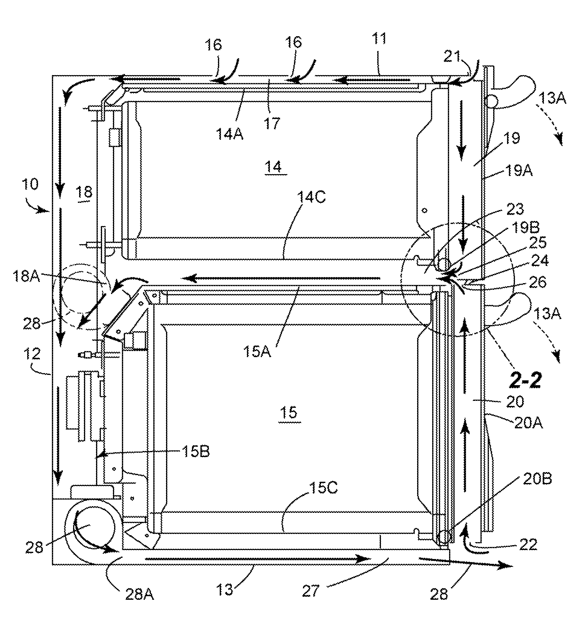 Appliance with a vacuum-based reverse airflow cooling system