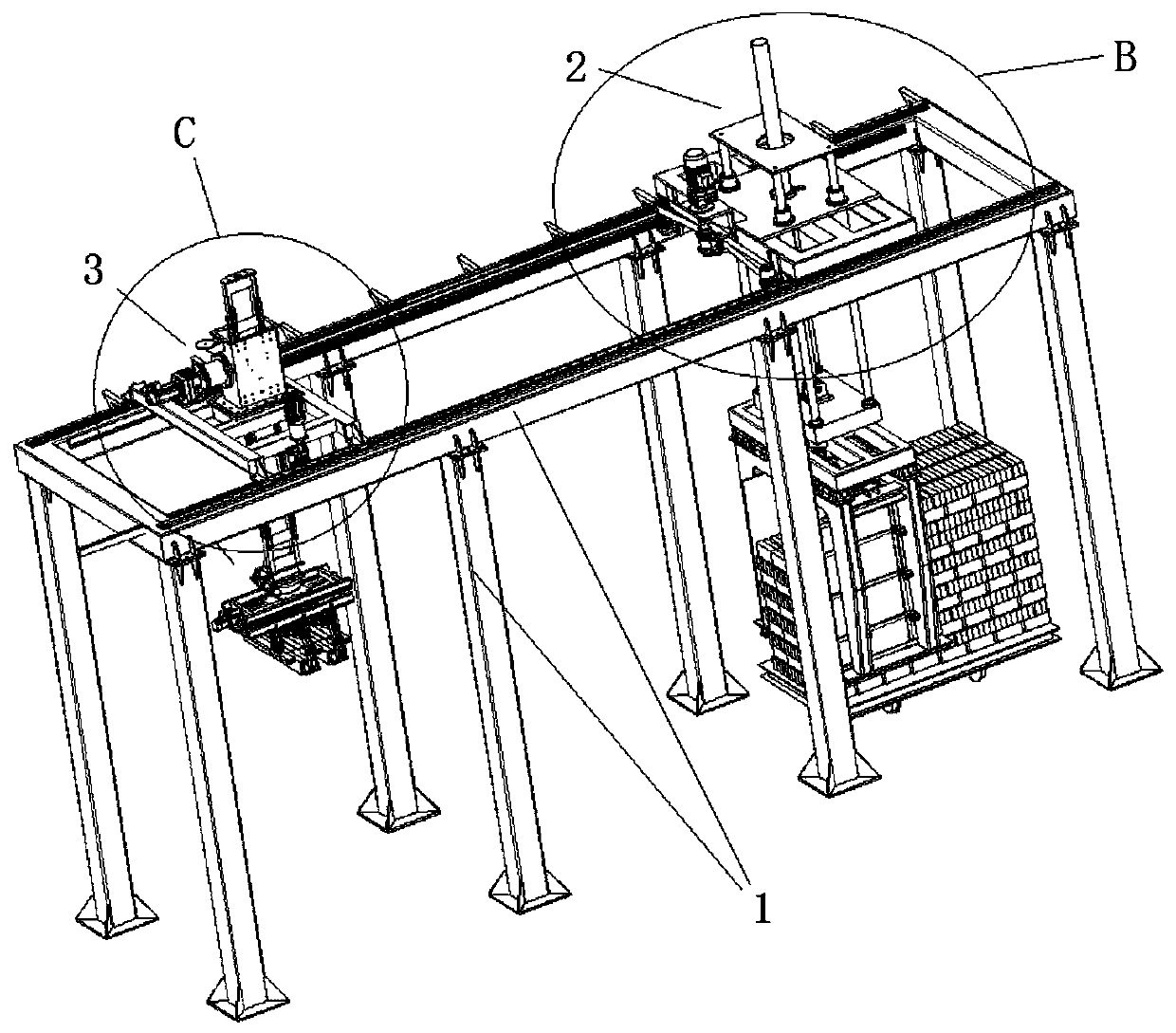 Full-automatic packing method and device capable of achieving brick stacking and reserving forklift holes