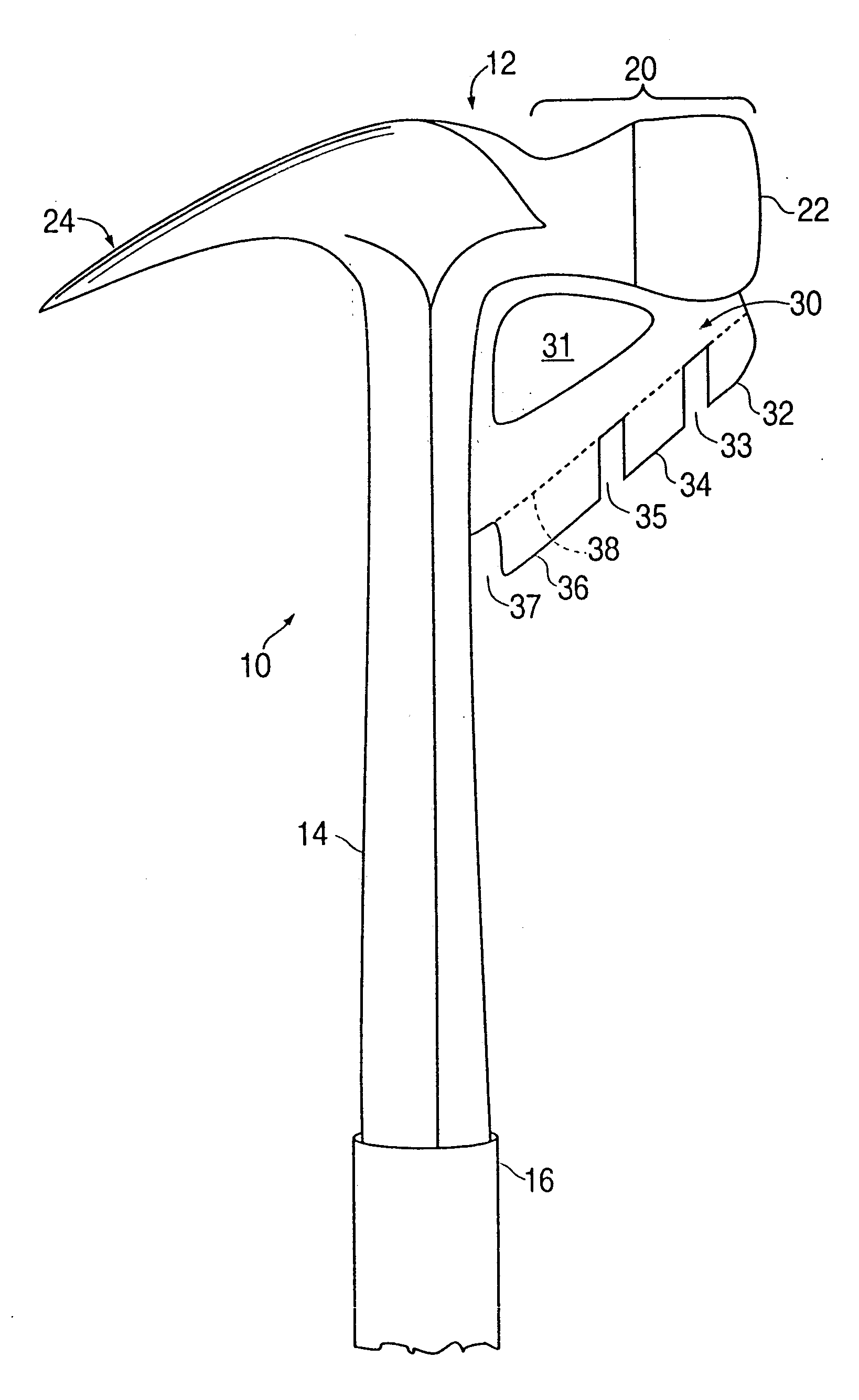 Hammer and hammer head having a frontal extractor