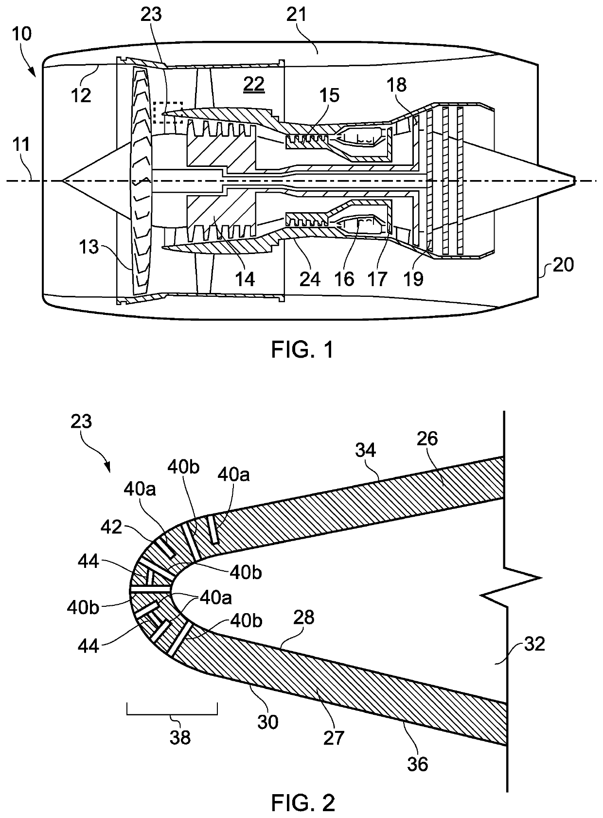 Gas turbine flow splitter having noise attenuation boreholes