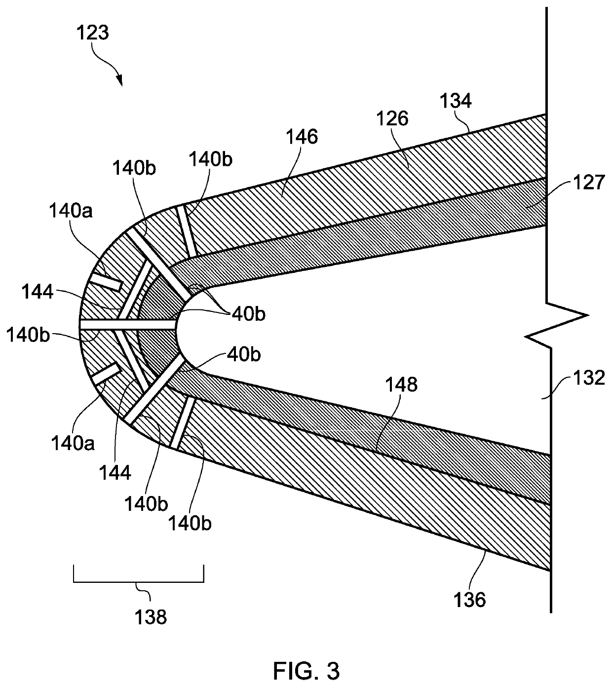 Gas turbine flow splitter having noise attenuation boreholes