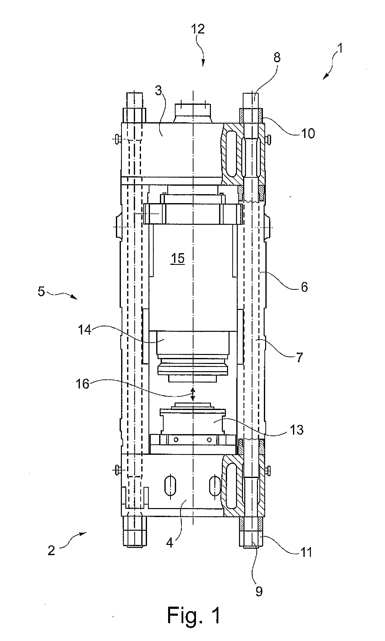 Device for pre-tensioning a machine frame, machine frame, and pressing and drawing device