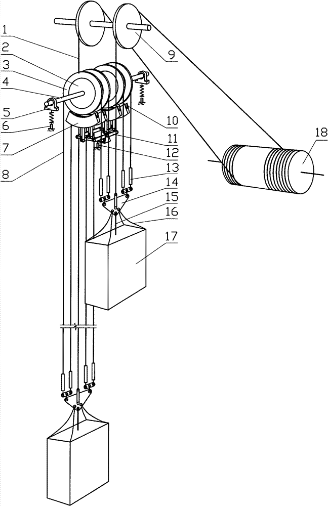 Mine single-rope hoisting balance wheel brake rope anti-case-crashing device