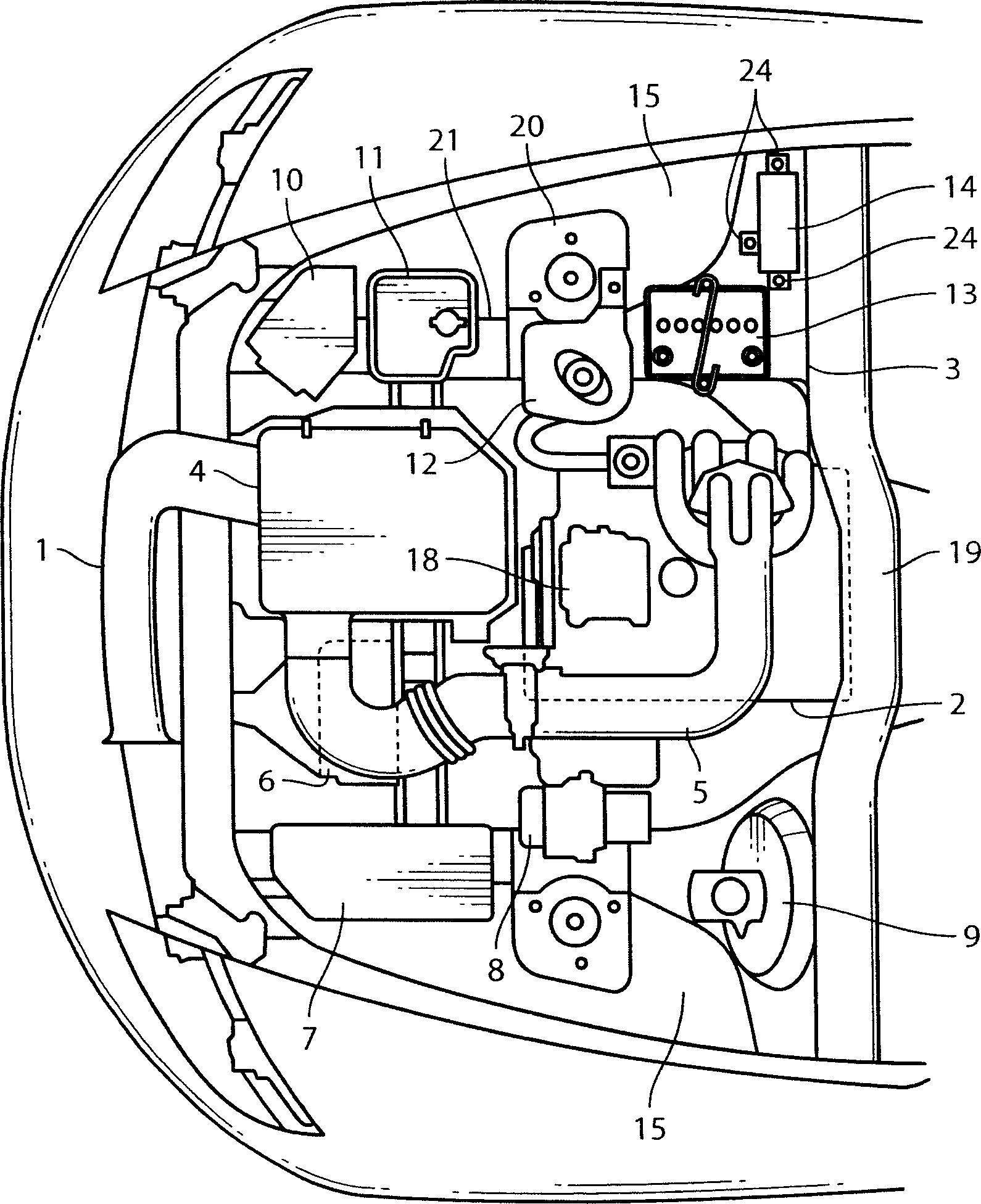 Structure for arrangement of engine-associated vehicle components