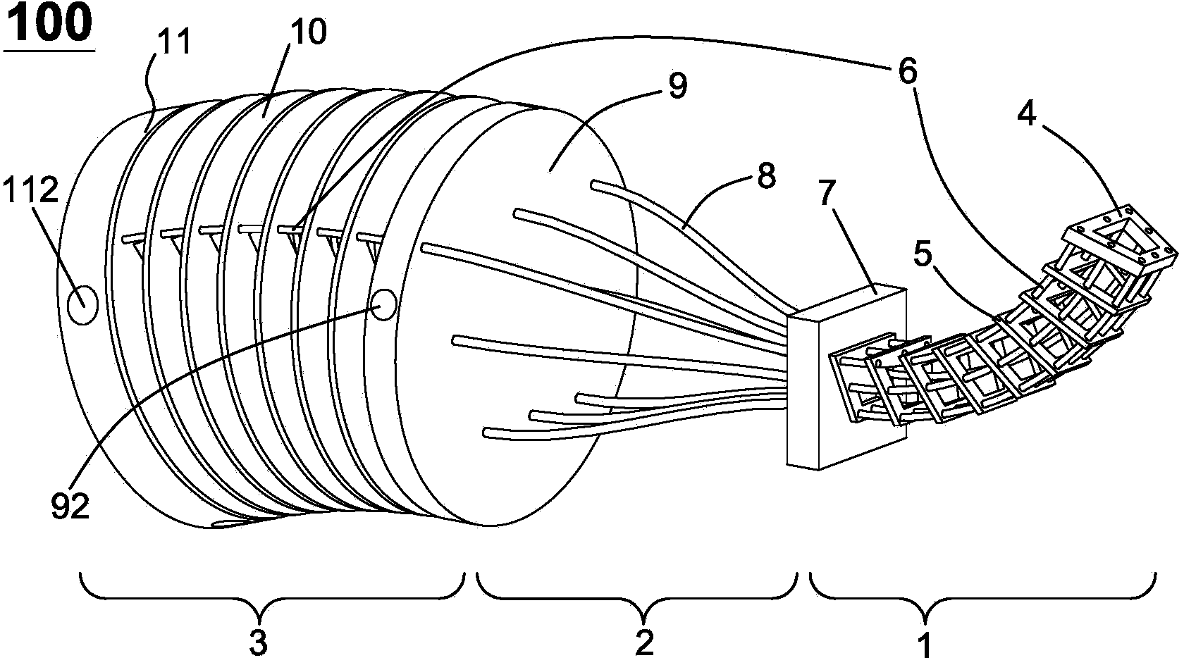 Flexible continuous-body mechanical structure capable of being bent and telescopic