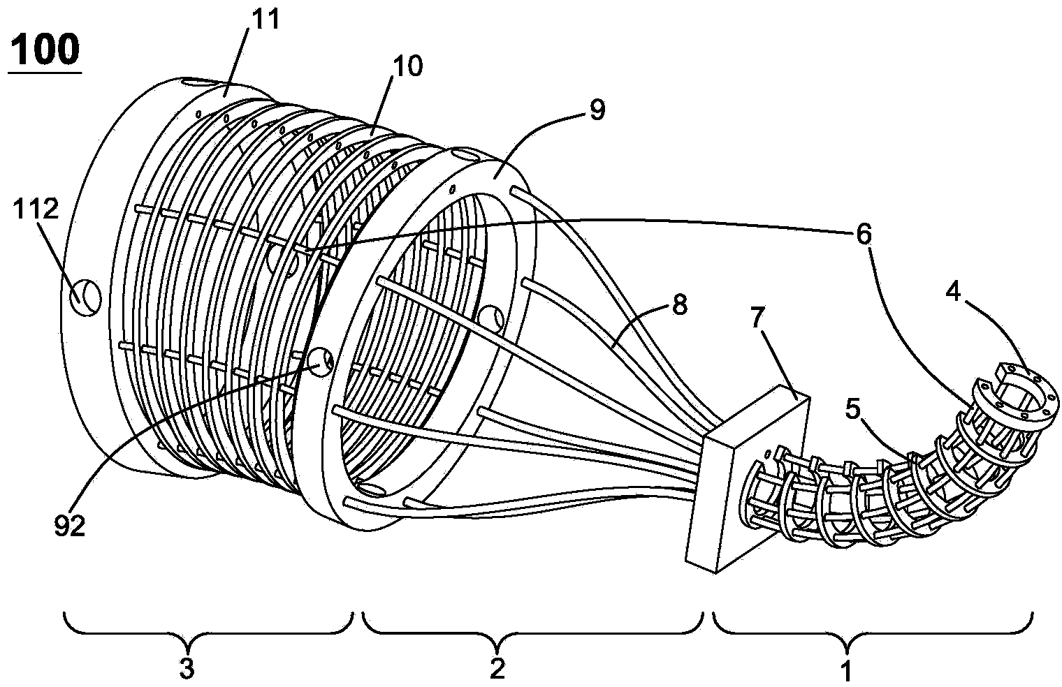 Flexible continuous-body mechanical structure capable of being bent and telescopic