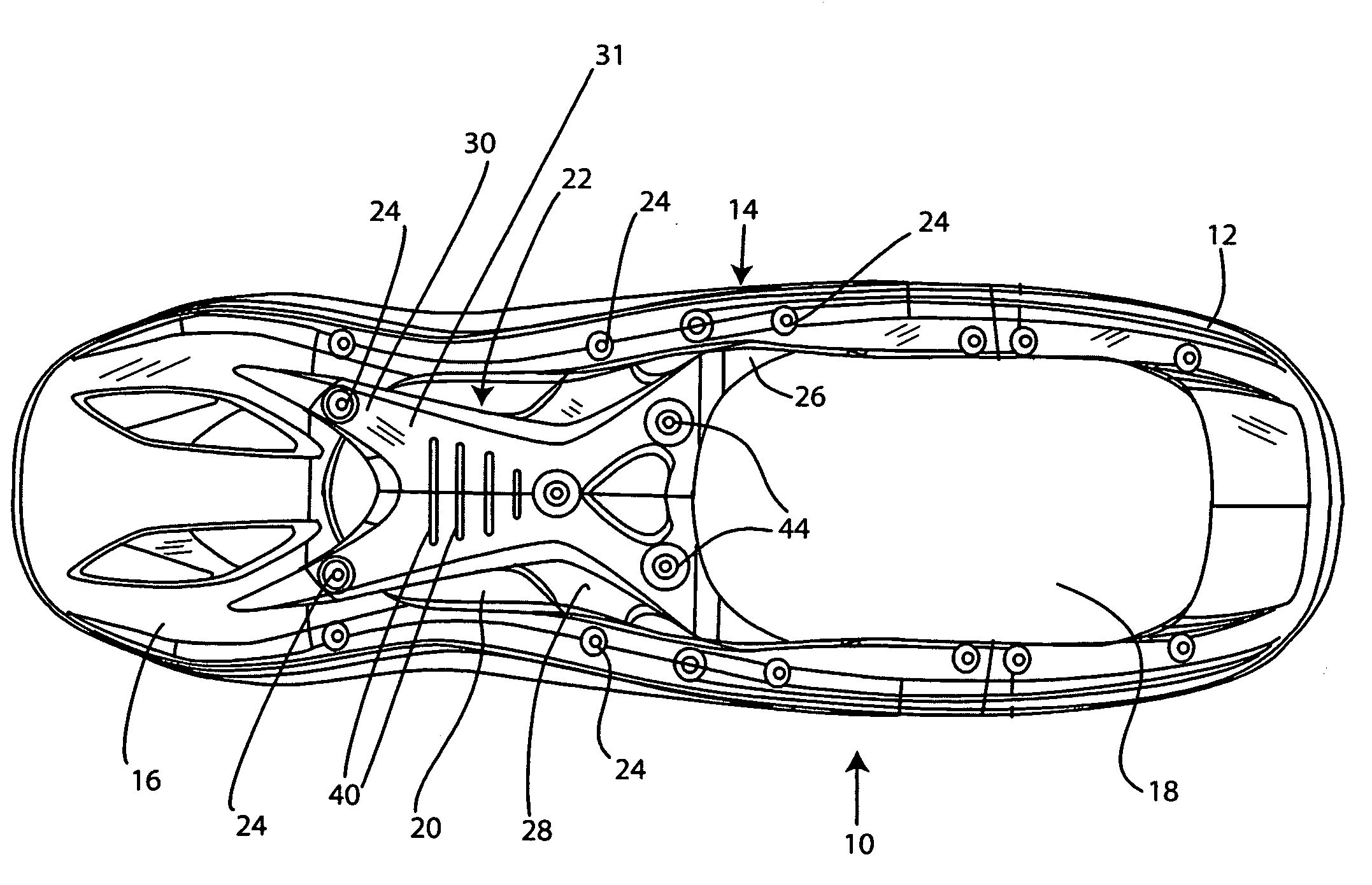 Molded snowshoe with pliable heel contact area