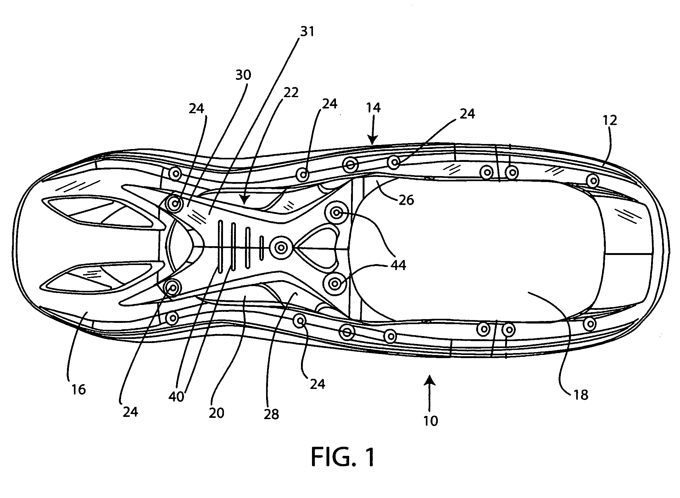 Molded snowshoe with pliable heel contact area