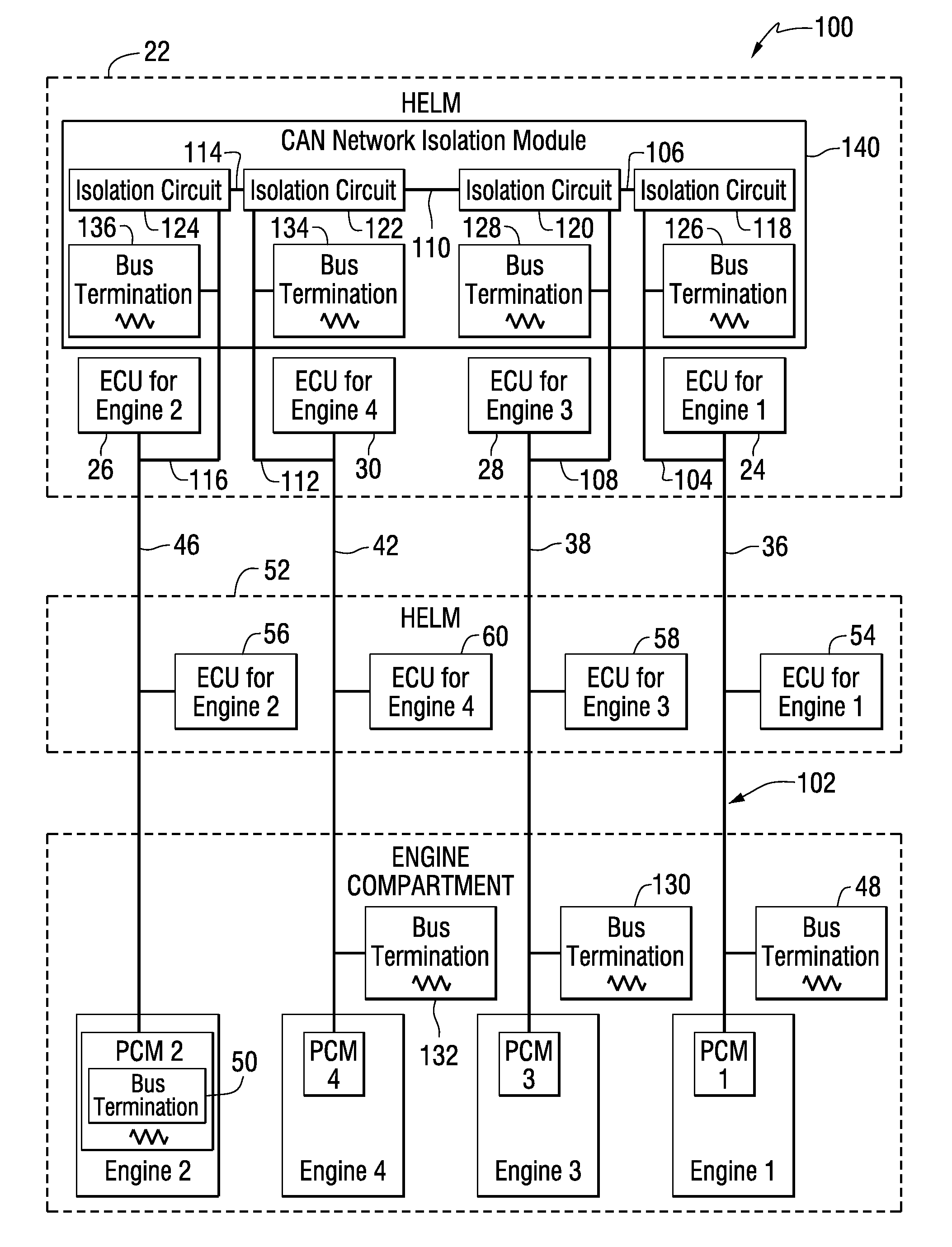 Marine propulsion drive-by-wire control system with shared isolated bus