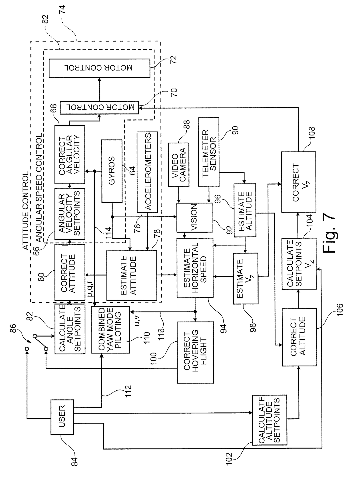 Method of piloting a multiple rotor rotary-wing drone to follow a curvilinear turn