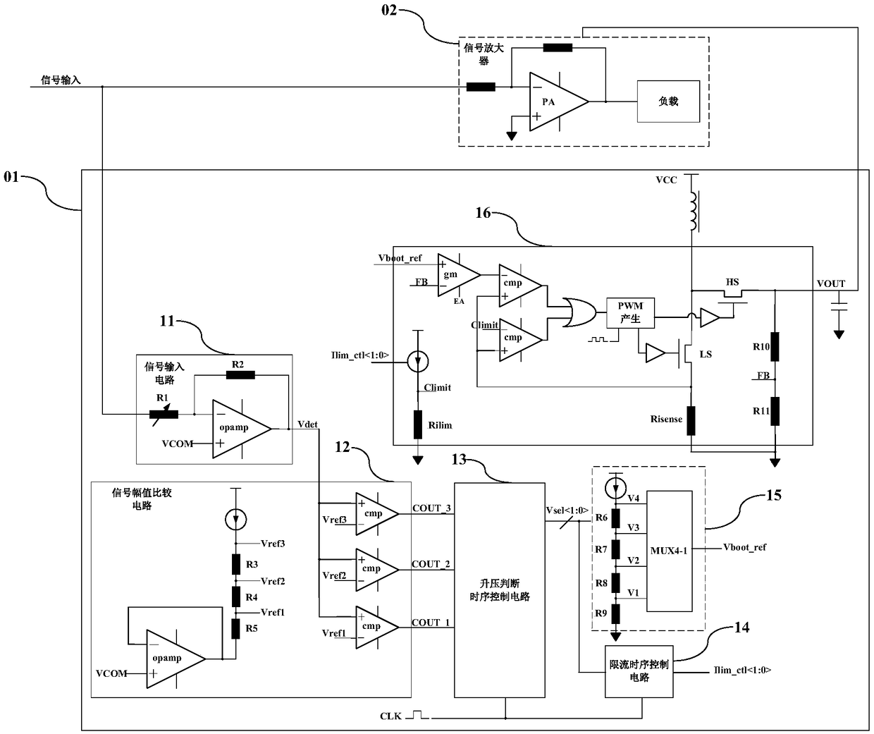 Self-adaptive multi-section voltage-boosting Boost chip with automatic current-limiting protection function