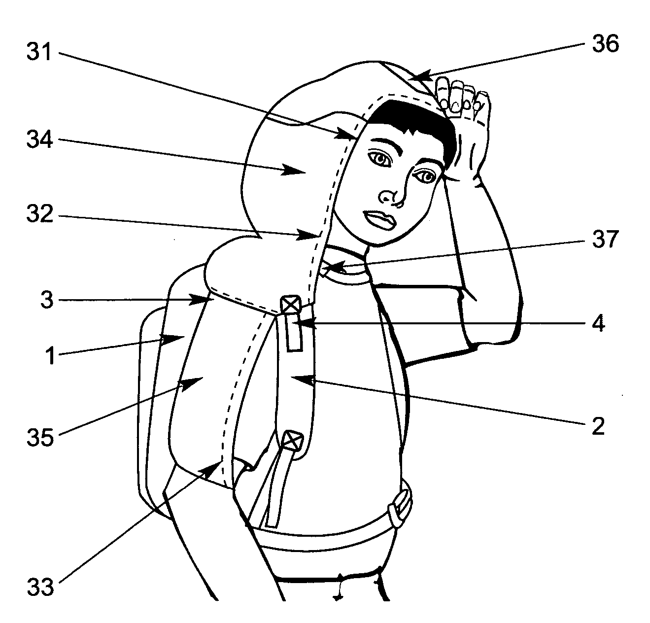 Backpack type satchel with a rain hat and connected cape