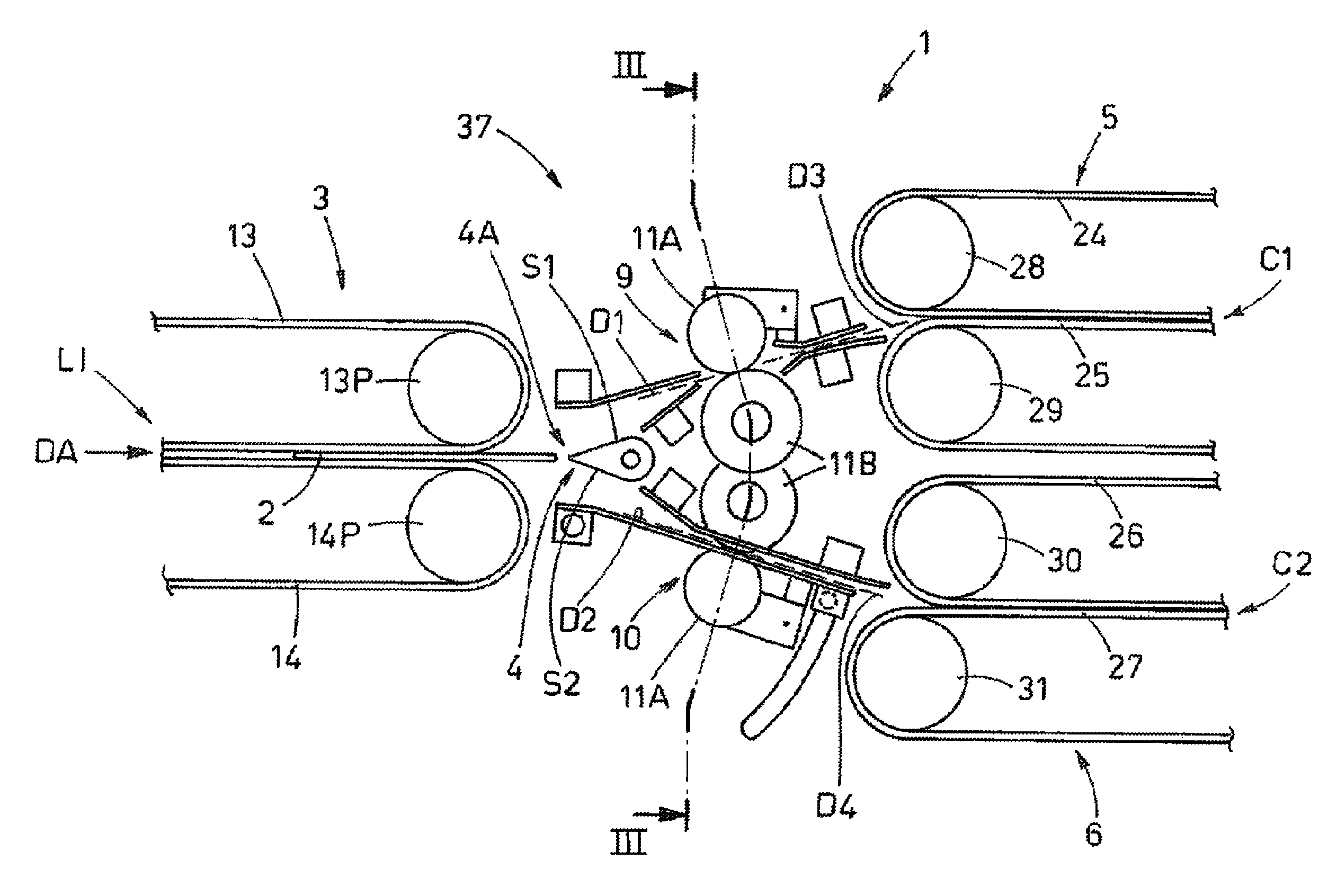 System for directing sheet articles in arrival from an input line towards two output lines