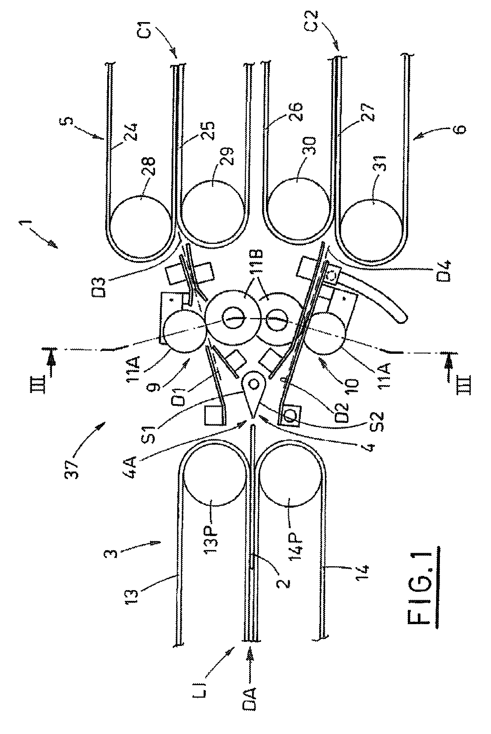 System for directing sheet articles in arrival from an input line towards two output lines