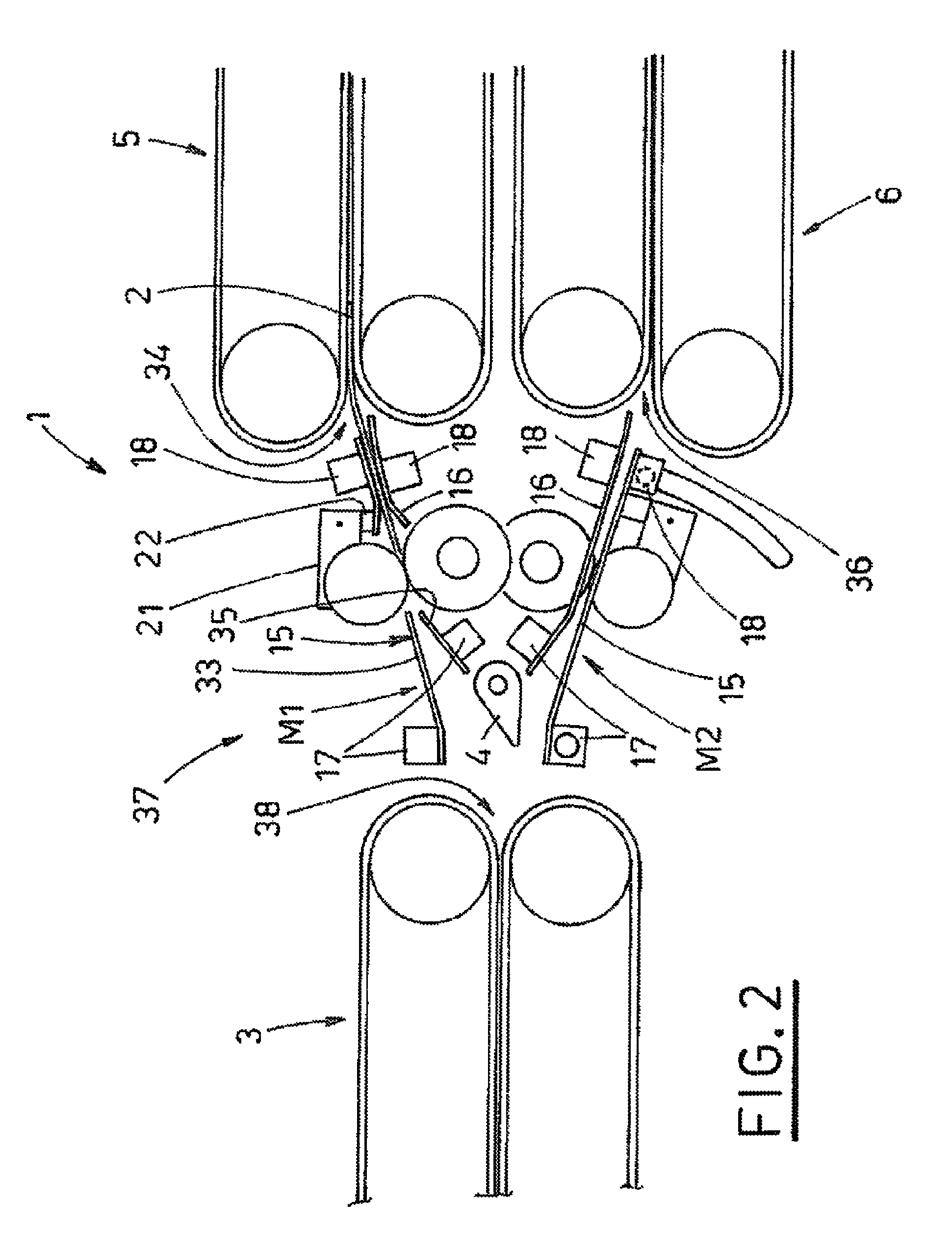 System for directing sheet articles in arrival from an input line towards two output lines