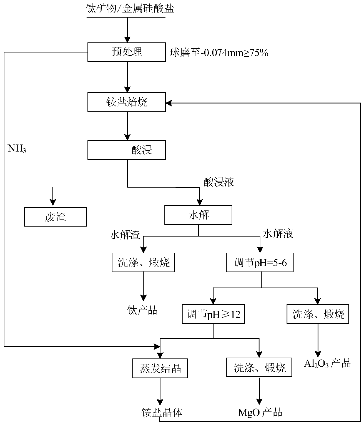 Treatment method of titanium mineral and metal silicate mineral through ammonium salt pressurized pyrolysis