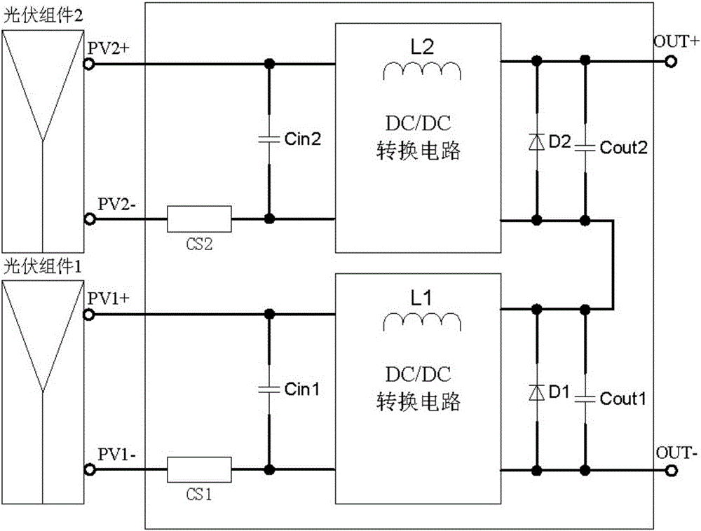 Three-body photovoltaic power generation direct-current optimizer with direct-through devices