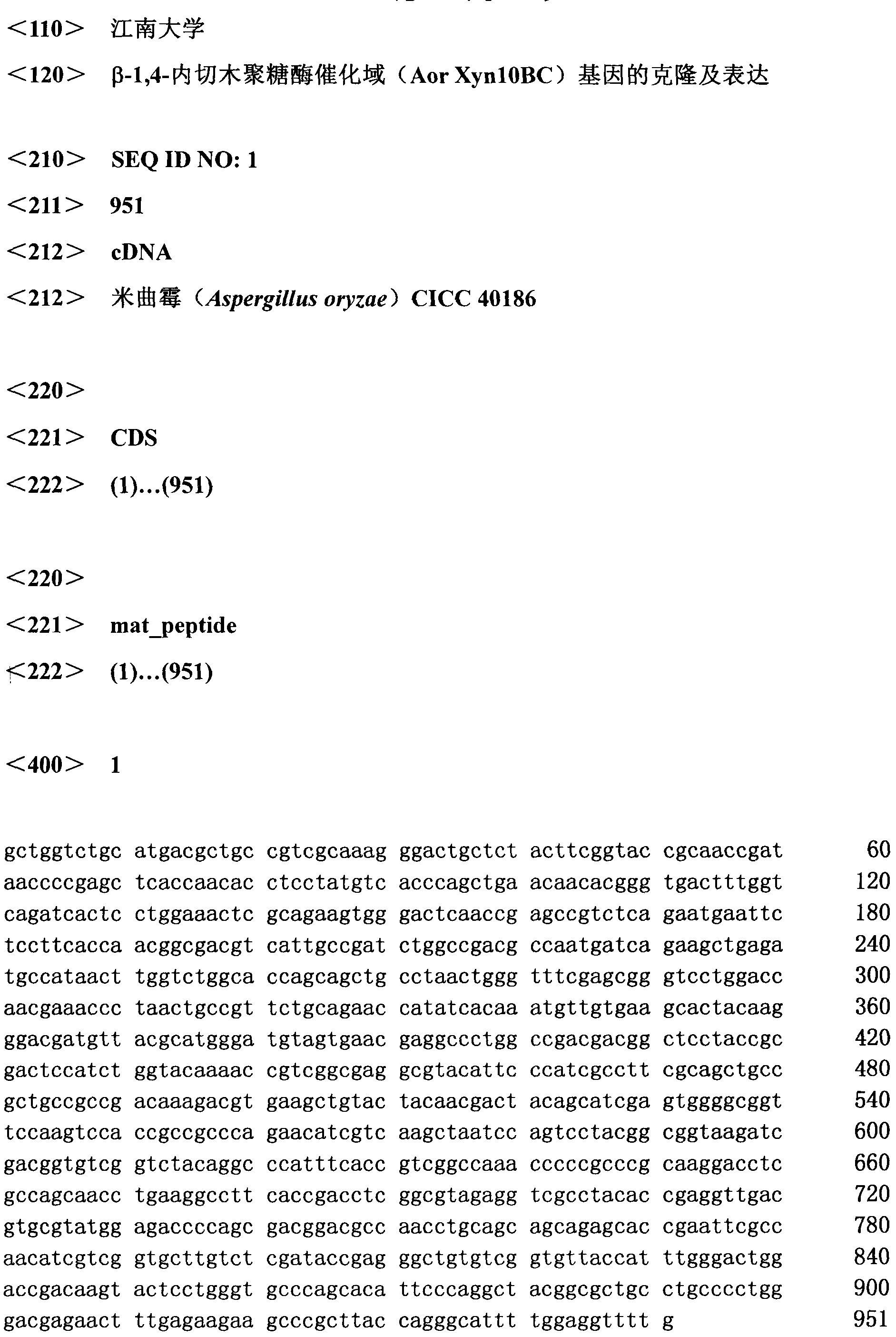 Clone and expression of beta-1, 4-inscribe xylanase catalysis domain (Aor Xyn10BC) gene