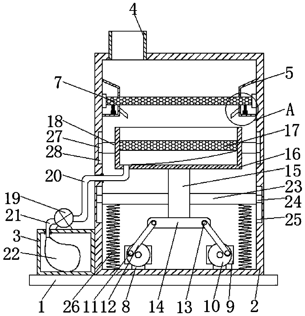 High-efficient macromolecular water-absorbent resin filtering device for paper diaper production