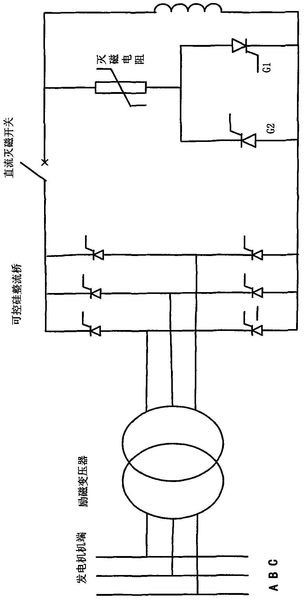 Large current deexcitation loop based on silicon controlled rectifier subject to multi-redundancy trigger of jumper