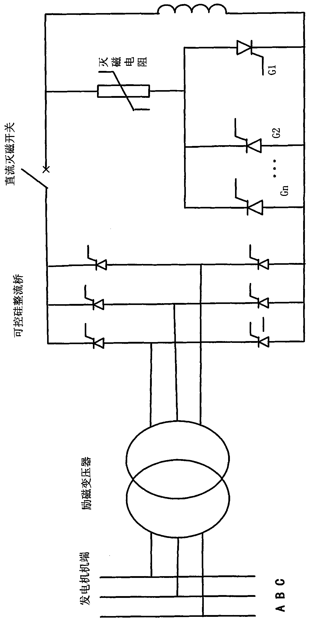 Large current deexcitation loop based on silicon controlled rectifier subject to multi-redundancy trigger of jumper