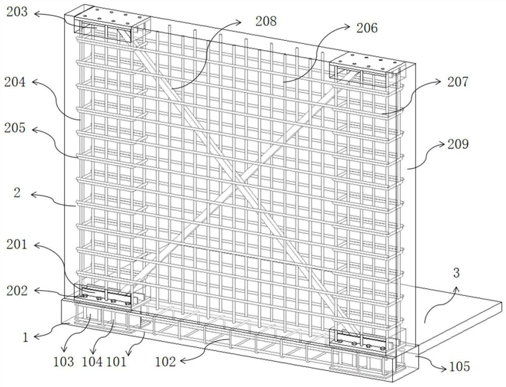 Reinforced concrete shear wall with profile steel connecting pieces and soft steel supports and construction method