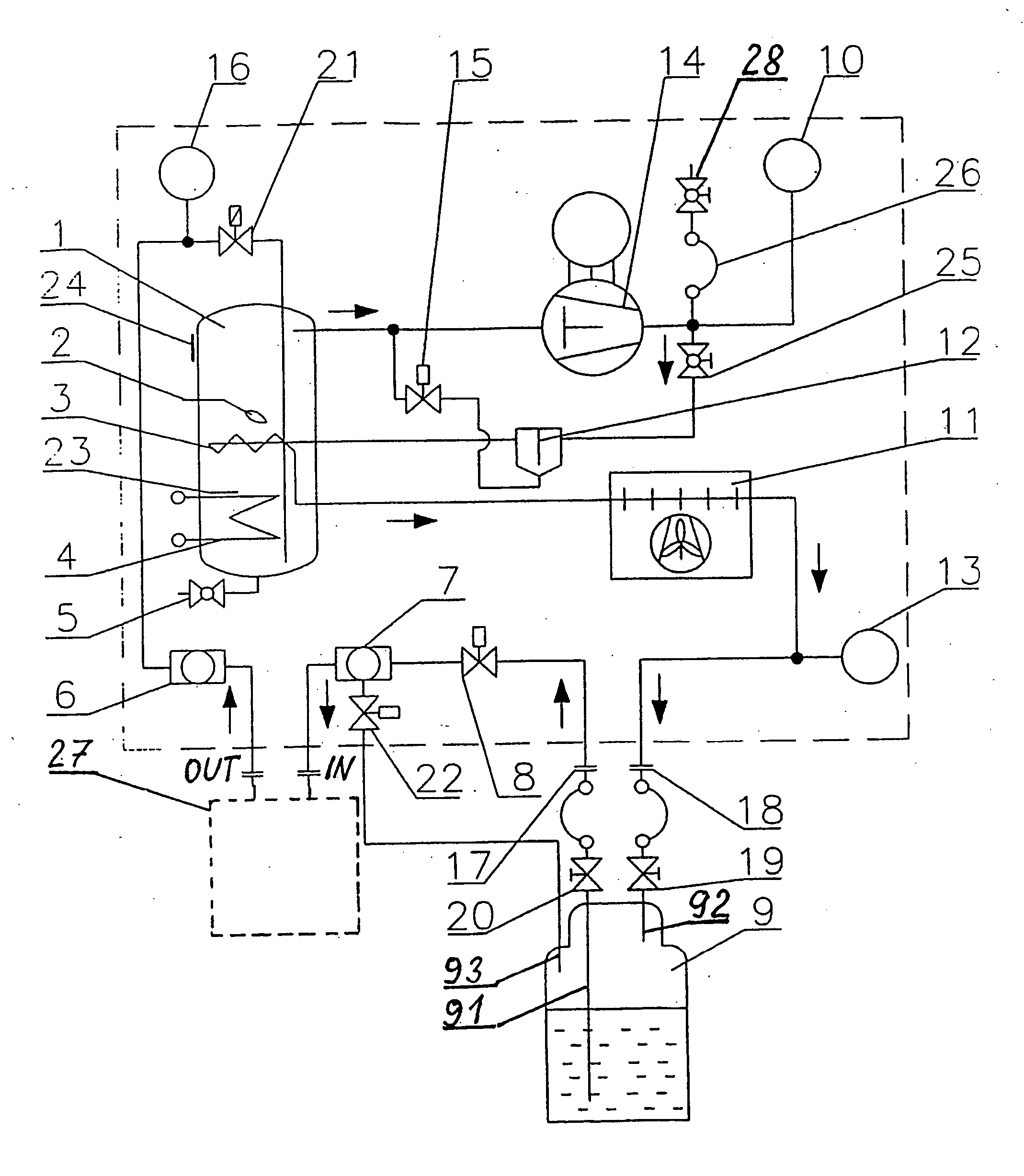 Method for washing cooling or air conditioning circuits and device for carrying out said method