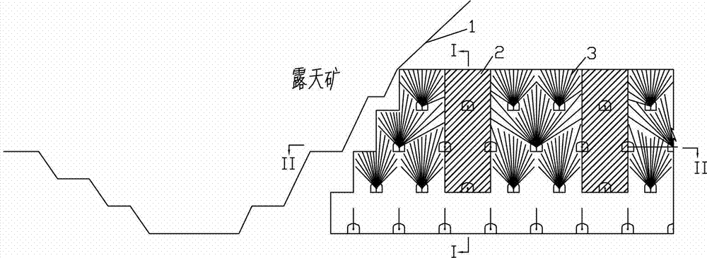 Drift-pillar-free sublevel barnyard caving mining method of open pit transferred underground transitional period