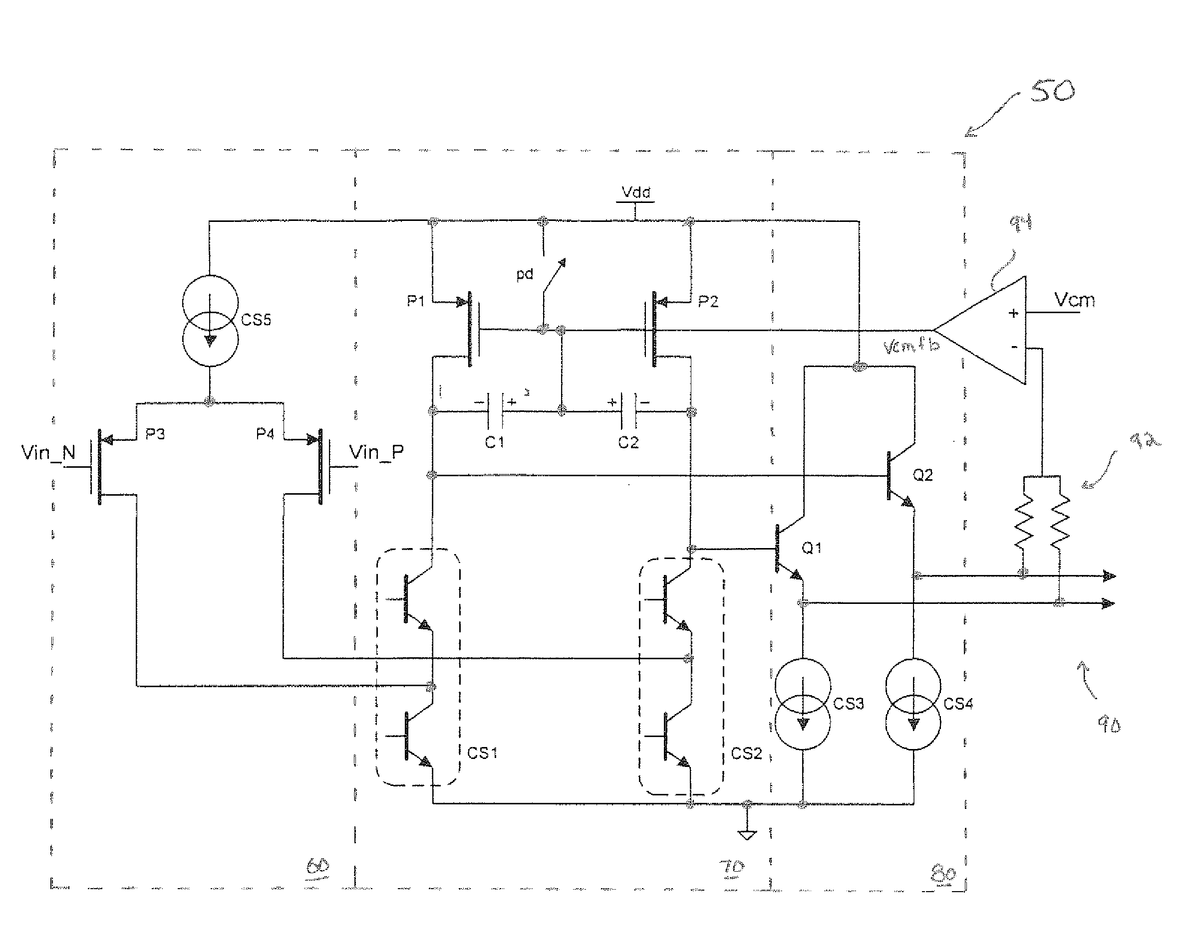 Amplifier circuit with bias stage for controlling a common mode output voltage of the gain stage during device power-up