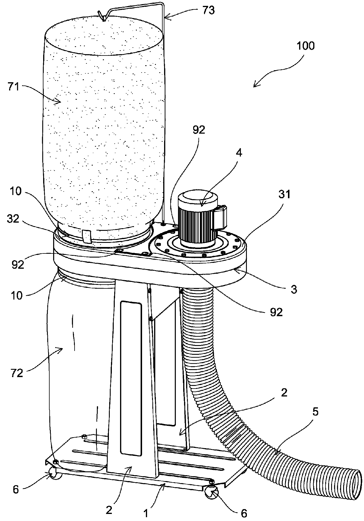 Dust collector for collecting sawdust and wood chips