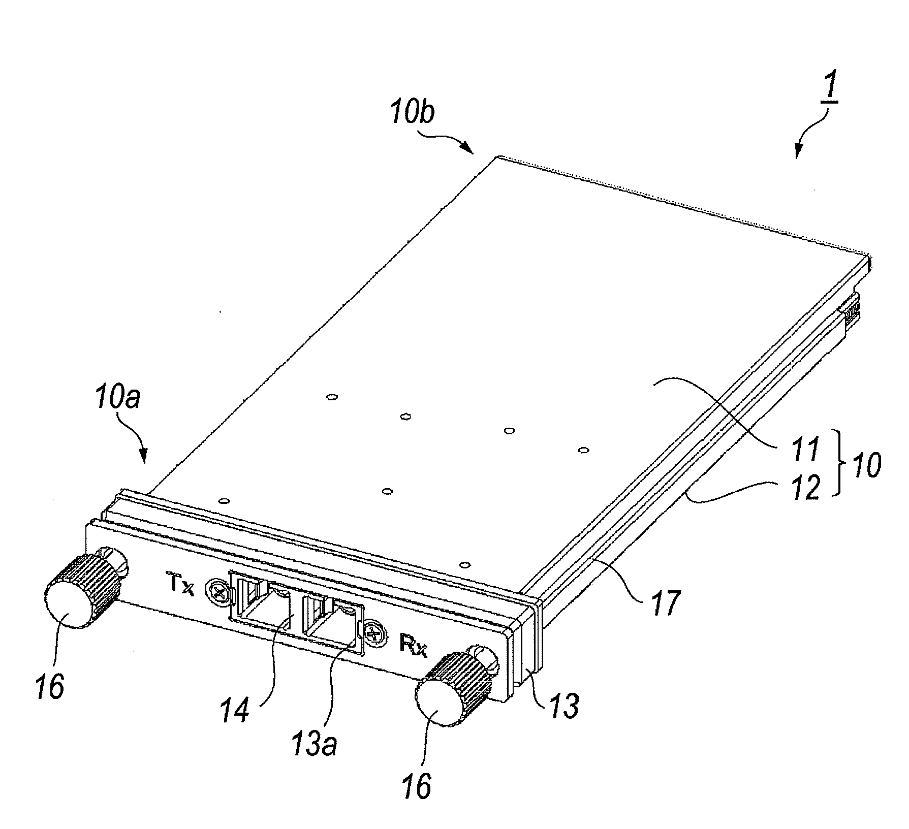 Optical transceiver with inner fiber set within tray securing thermal path from electronic device to housing