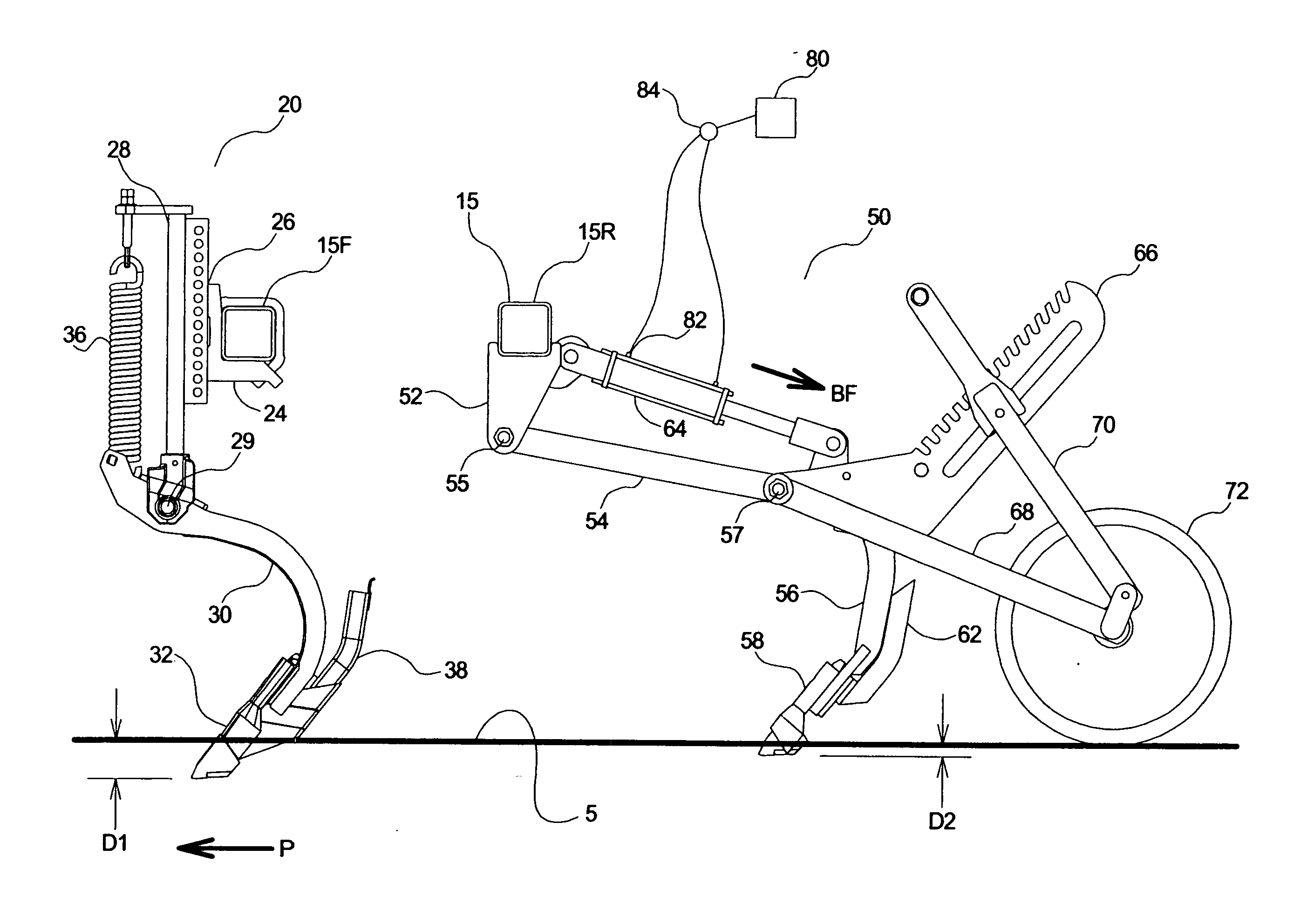 Seeder with trailing arm and hoe-type mid row bander