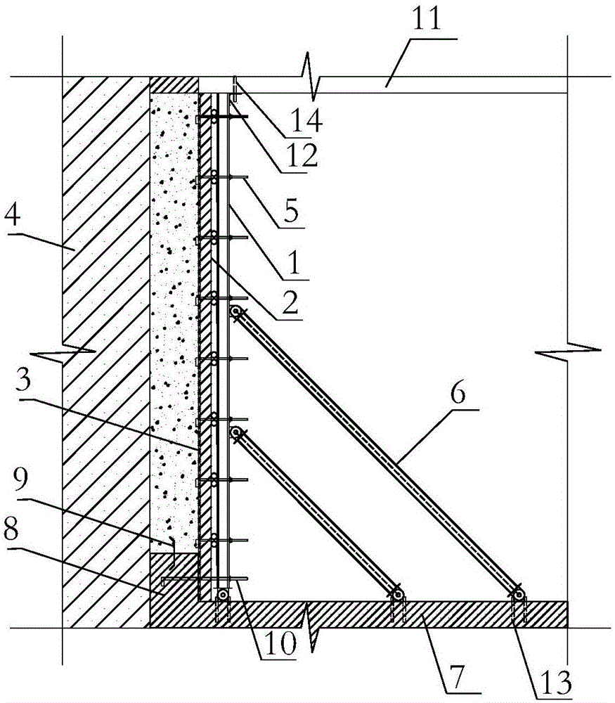 Basement exterior wall single-side formwork supporting system and method