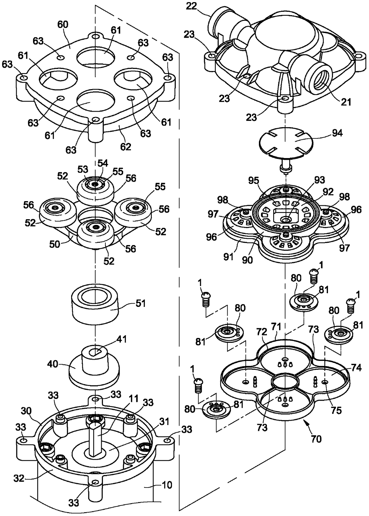 Shock-absorbing structure of four-pressure chamber diaphragm pump