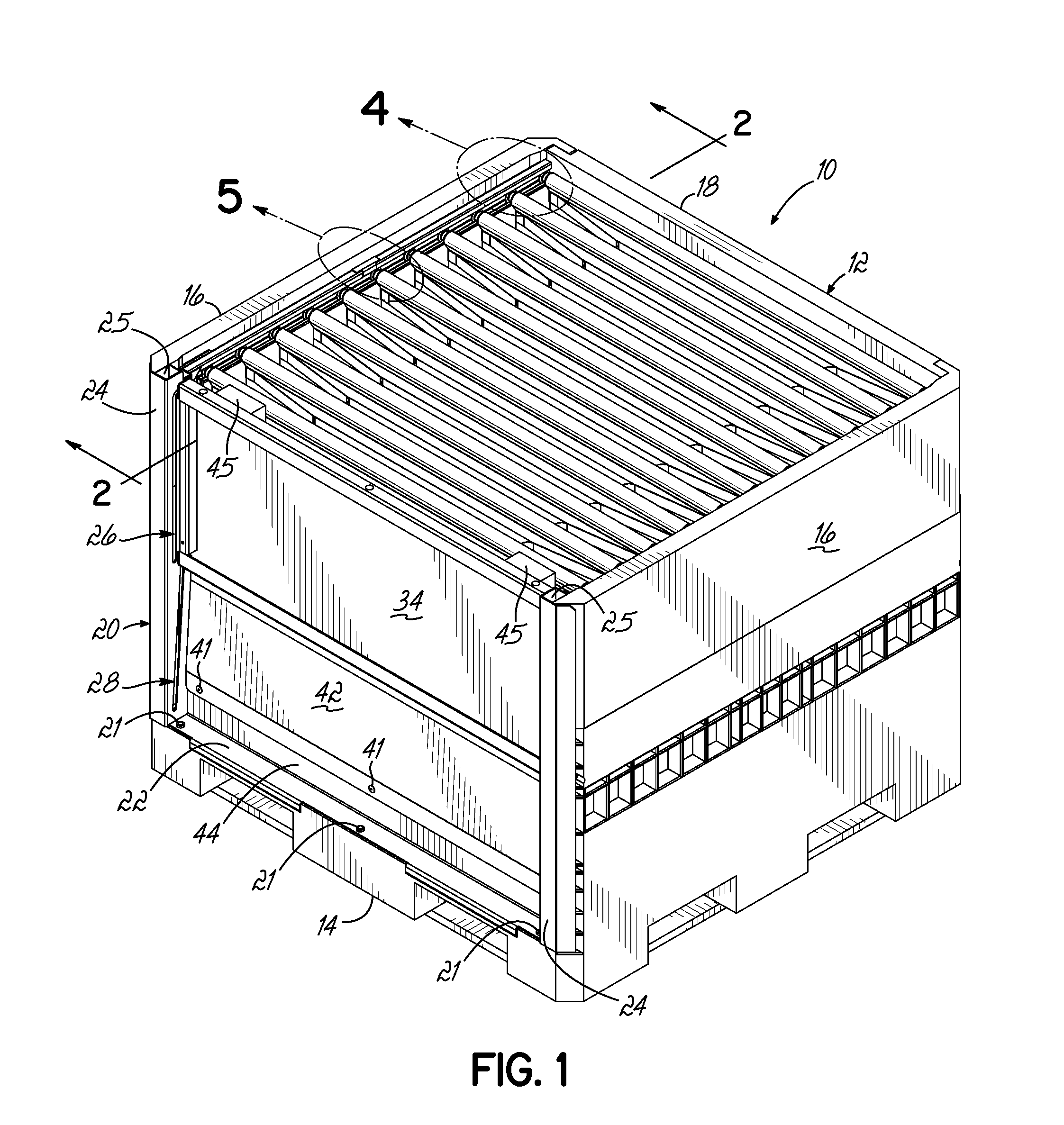 Container having movable support member assemblies for supporting dunnage and movable door