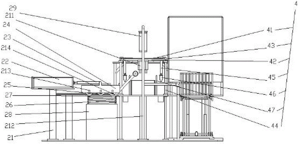 Fully-automatic friction bag taking type spindle packaging and transporting device