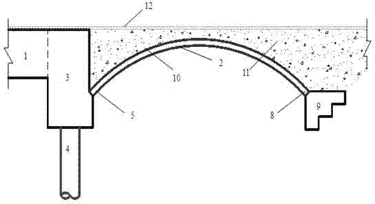 Jointless bridge based on arc structure arranged behind bridge abutment and construction method thereof