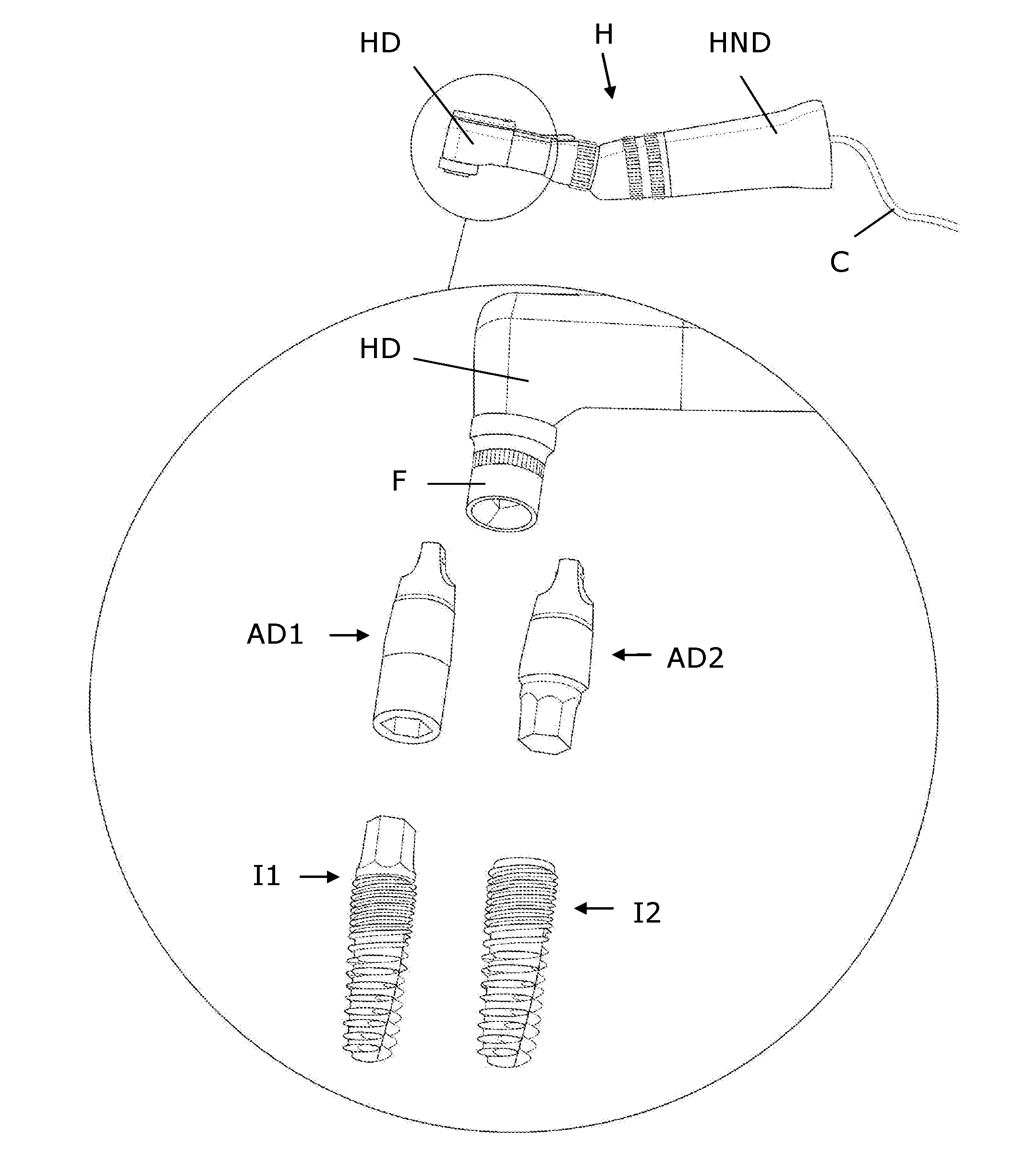 Device for loosening, insertion and removal of dental implants