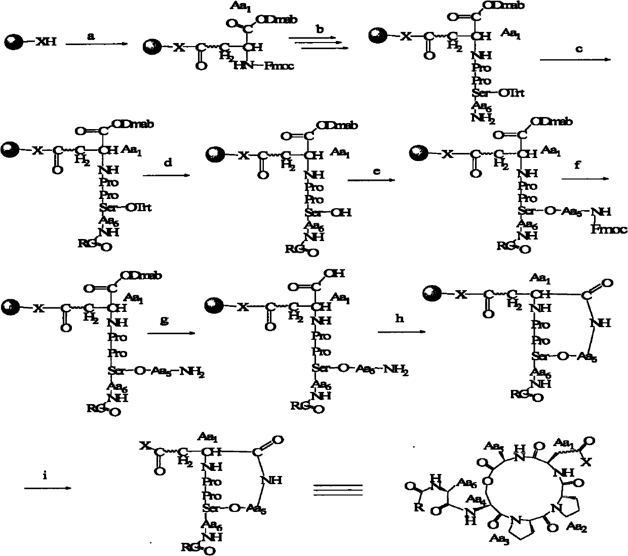 Method for preparing fatty acyl cyclic depsipeptide compounds by solid-phase synthesis