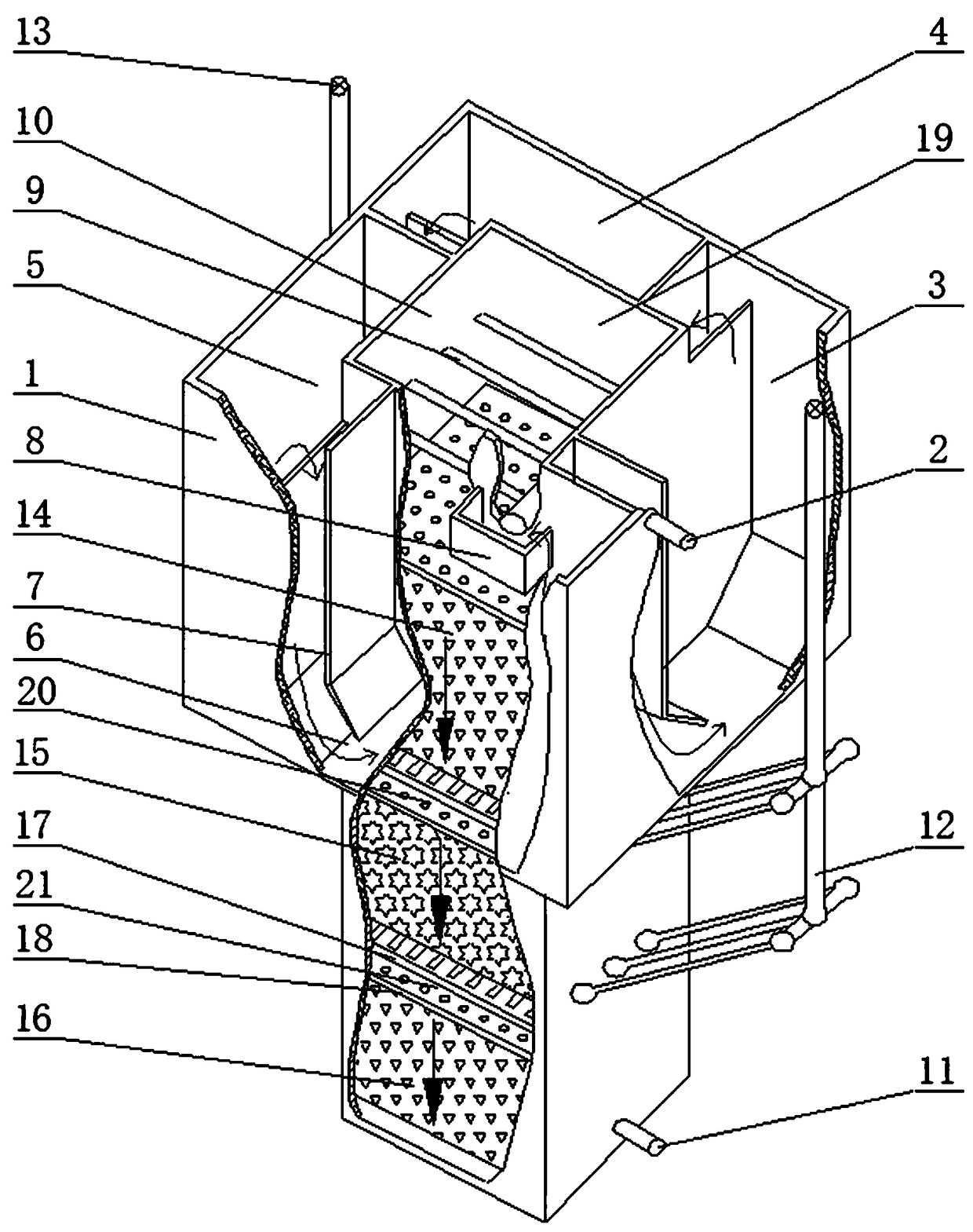 Household type buried unpowered integrated composite biological sewage treatment device and process